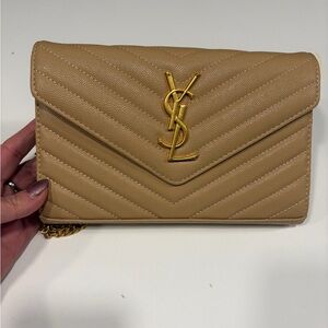 Yves Saint Laurent Gold Logo Tan Quilted Clutch - faux